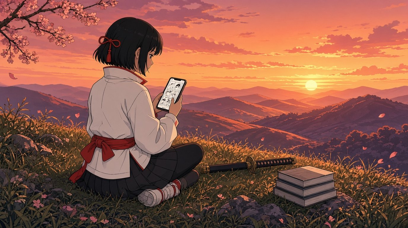 夕暮れの丘に座り、白いジャケットに赤い帯を締めたカエデがスマートフォンで漫画を読んでいるイラスト。そばの草の上には刀と単行本が置かれている
