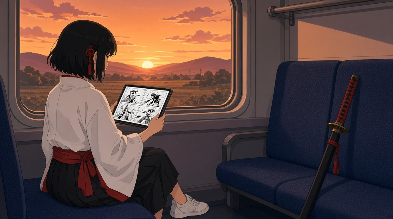 夕暮れの電車の窓辺で、カエデがタブレットで漫画を読んでいるイラスト。窓の外には山並みが広がっている