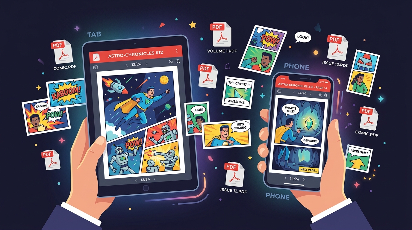 Tablet and smartphone displaying colorful comic book pages in PDF format