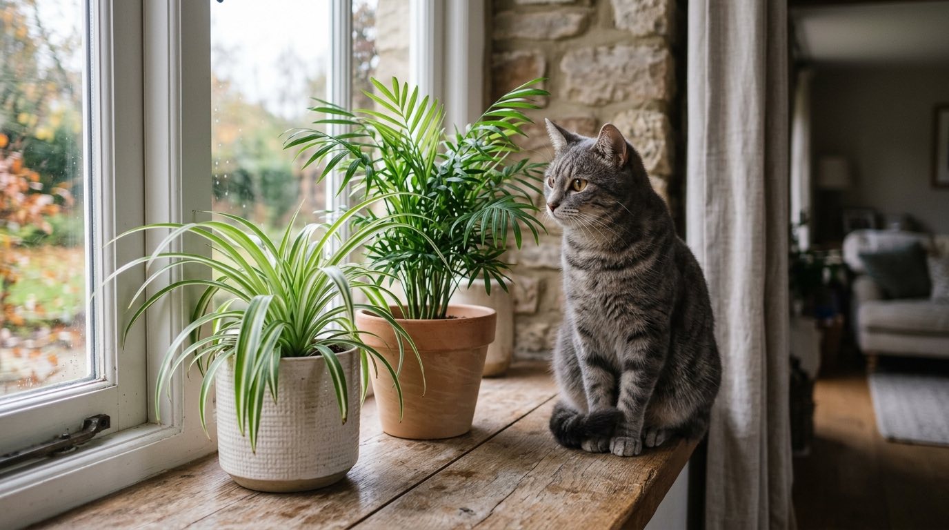 A grey tabby cat sitting on a wooden windowsill next to a spider plant and a small parlour palm, in soft daylight from the window
