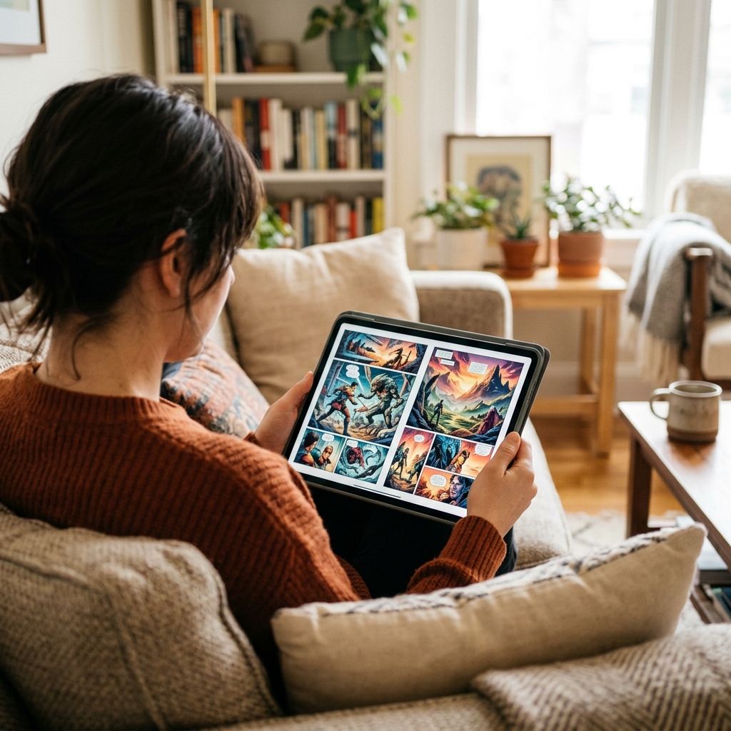 Reading digital comics on iPad with double-page spread view
