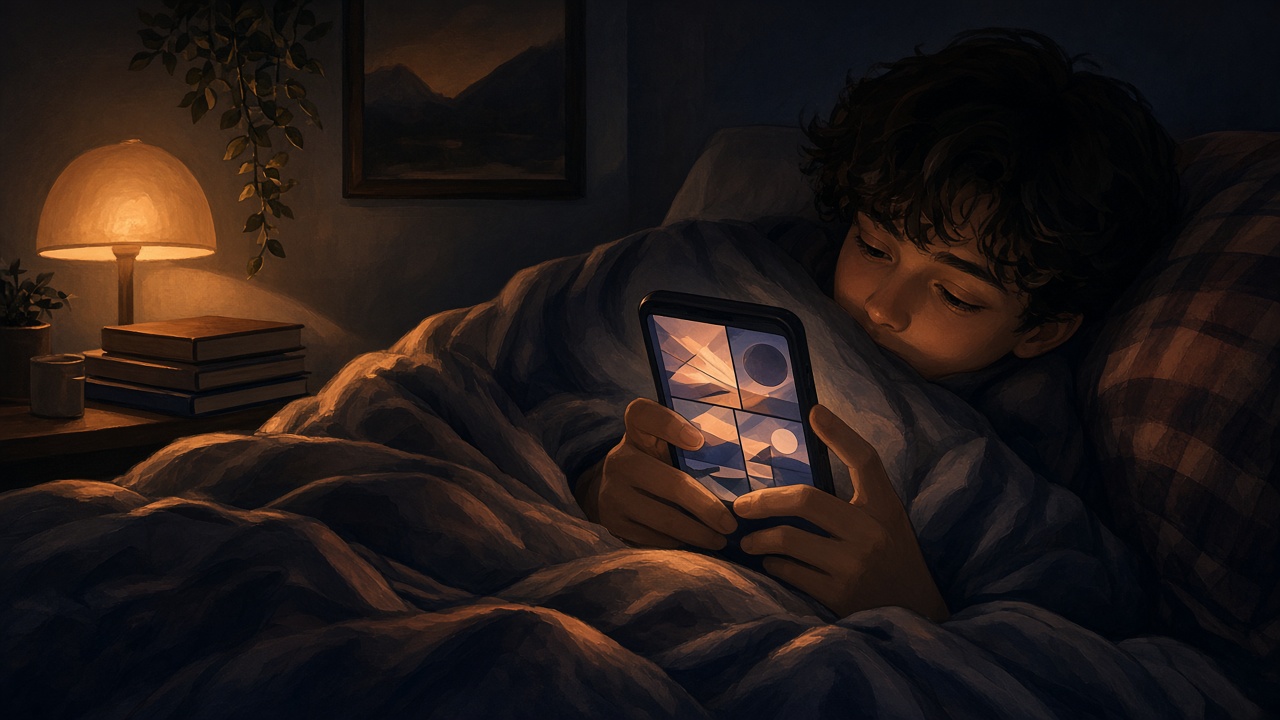 Person reading a comic on an iPhone in bed by lamplight at night