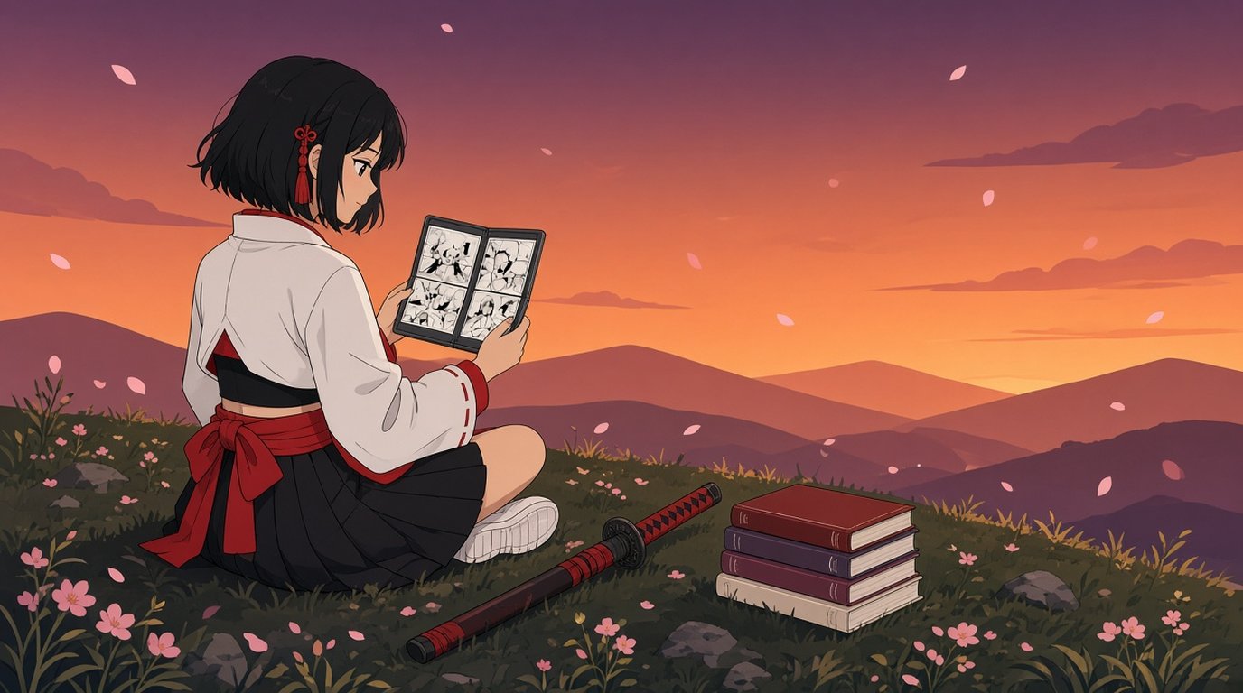 Flat vector illustration of Kaede, ComicFlow's manga girl, seen over her shoulder on a sunset hill, holding an unfolded foldable phone like a small open book with a black-and-white manga spread on its two halves, her sheathed sword lying on the grass beside her and a stack of manga volumes nearby