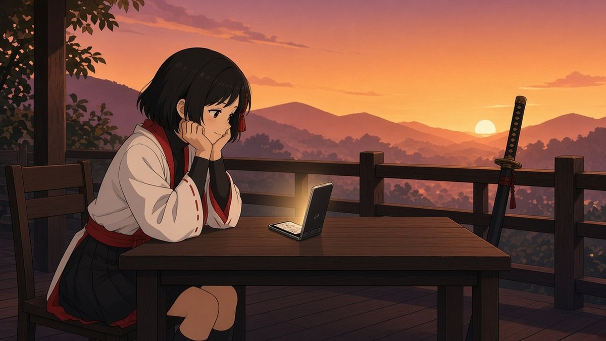 Flat vector illustration of Kaede sitting at a small wooden table on a sunset terrace, chin resting on her hands, smiling at a foldable phone standing half-folded on the table with its upright screen facing her, with her sheathed sword leaning against the terrace railing nearby
