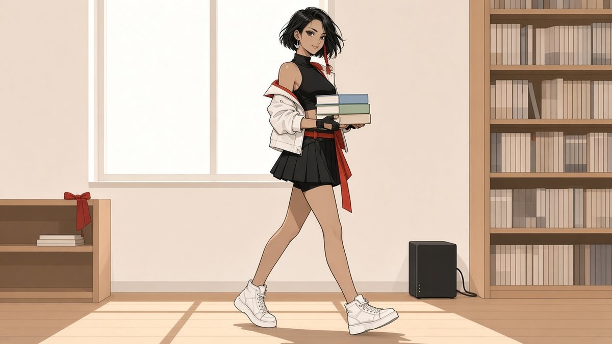 Flat vector illustration of Kaede, ComicFlow's manga girl, walking across a sunlit room with three manga volumes in her hands, away from a tall bookcase full of manga and toward a small low shelf marked with a red ribbon, with a small black NAS box on the floor beside the tall bookcase