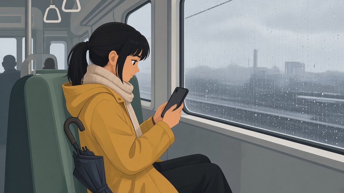 Flat vector illustration of a woman in a mustard raincoat and cream scarf sitting by the window of a commuter train on a grey, rainy morning, reading on a phone turned toward her, with a folded umbrella at her side and rain streaking the glass