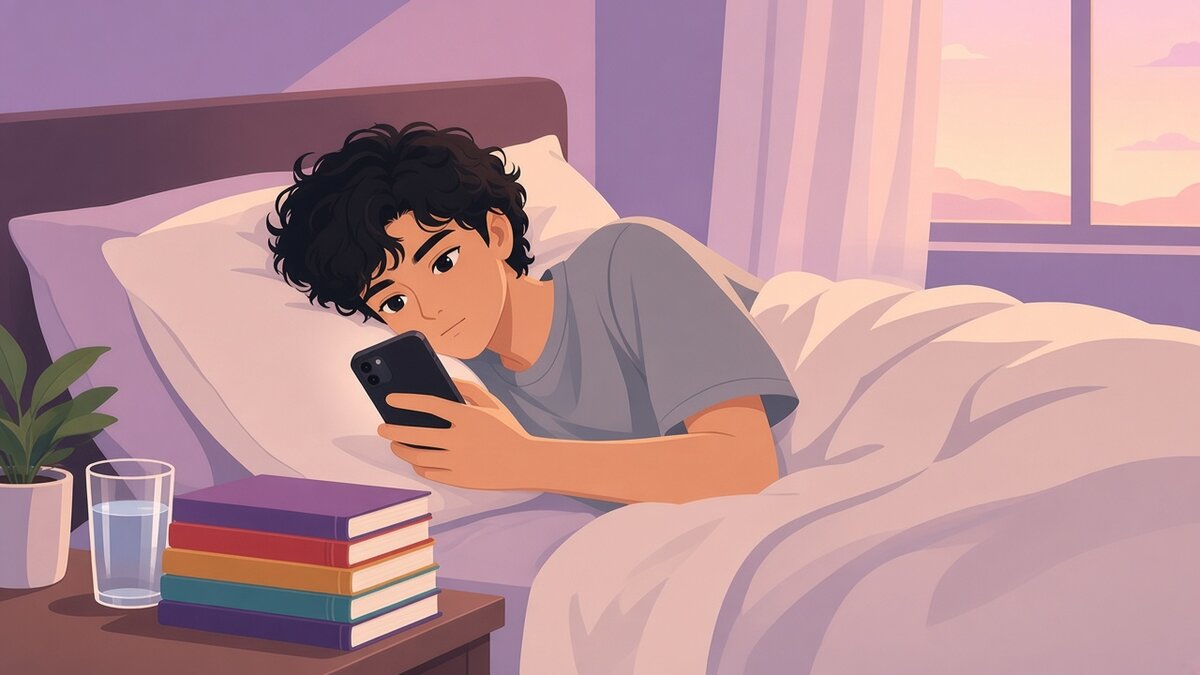 Flat vector illustration of a cozy bedroom at dawn, with a person lying on their side under a soft blanket and reading manga on an iPhone held in one hand, the screen facing them, a stack of manga volumes and a glass of water on the nightstand and pink and lavender light through the curtains