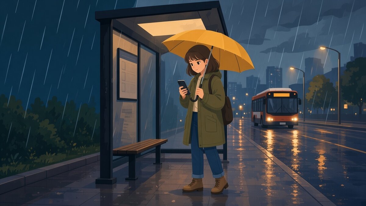 Flat vector illustration of a person waiting at a rainy evening bus stop, holding a yellow umbrella in one hand and reading manga on an iPhone in the other, with the phone screen facing them, wet pavement reflecting street lights and a bus approaching in the distance