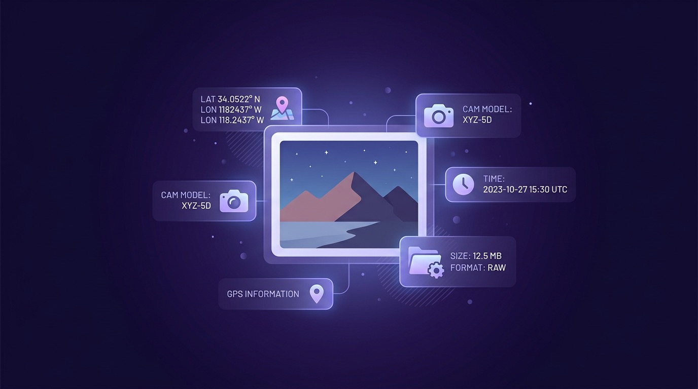 A photograph surrounded by layers of hidden data including GPS coordinates and camera information