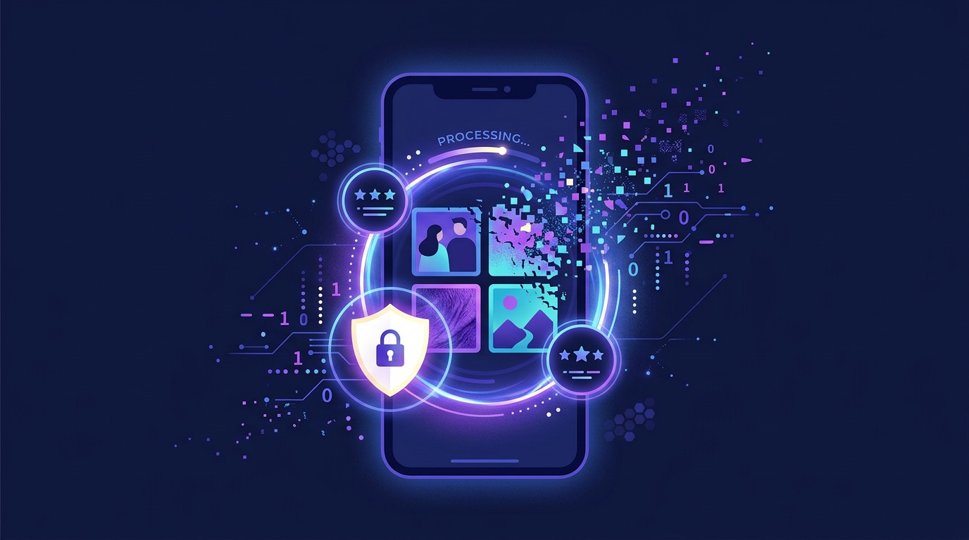 Smartphone with photo metadata being stripped away for privacy