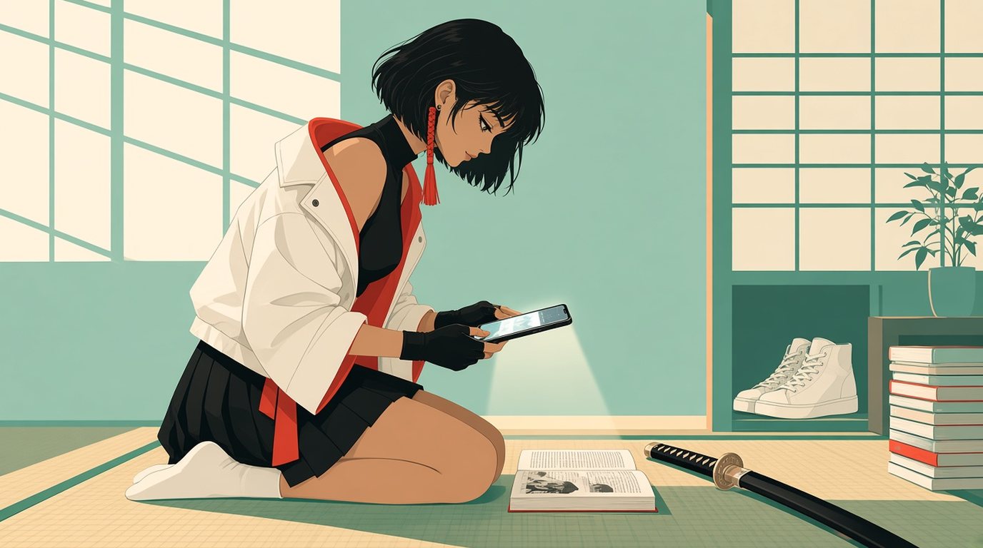 Flat vector illustration of Kaede, ComicFlow's manga girl, kneeling in white socks on a tatami floor in a bright room at midday and holding her iPhone above an open manga volume to scan the page, with her sheathed sword lying on the floor, her sneakers and a stack of manga by the wall and noon light coming through paper screen windows