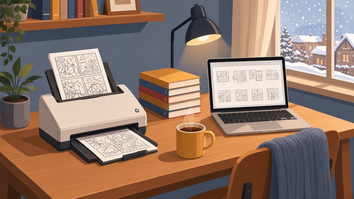 Flat vector illustration of a wooden desk in a cosy home office on a snowy winter afternoon, with a compact sheet-fed document scanner feeding loose manga pages, a stack of books under a desk lamp, an open laptop showing a grid of scanned pages and a mug of tea beside a window with falling snow