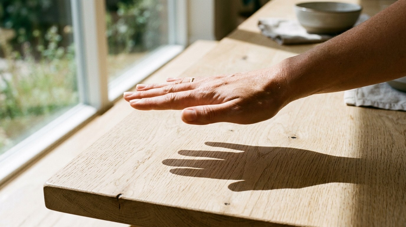 A hand and forearm held flat above a pale wooden table beside a window, casting a shadow with a crisp, hard-edged outline on the surface below