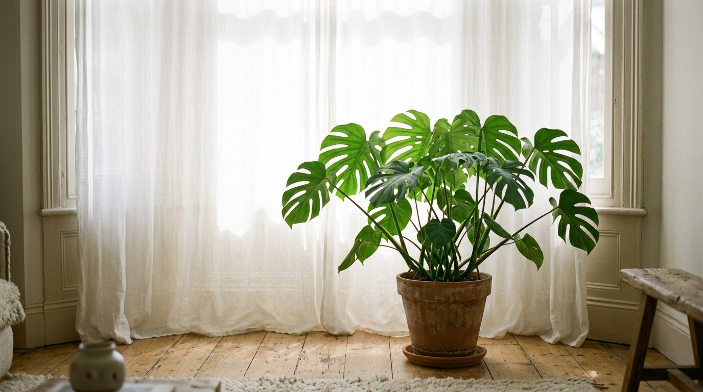 A large monstera in a terracotta pot standing in front of a white sheer curtain, the light behind it turned into an even glow with no hard-edged shadows on the leaves