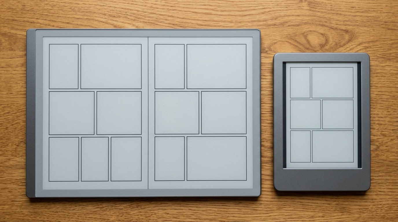 Two greyscale e-ink readers side by side on an oak desk, the larger landscape one showing a two-page spread layout split by a centre gutter, the smaller portrait one showing the same number of panels crammed onto a single page