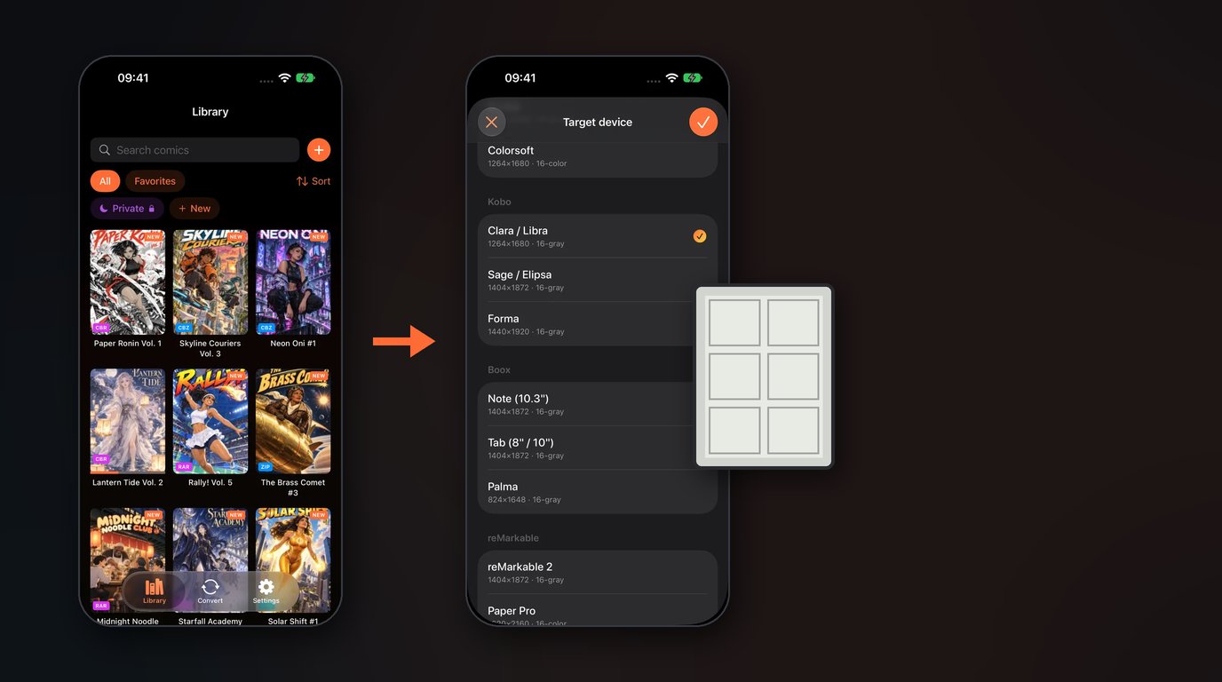 Twee iPhones met ComicFlow: links een stripbibliotheek met CBR- en CBZ-covers, rechts de e-reader-apparaatkiezer voor Kobo, Boox en reMarkable, met een pijl ertussen