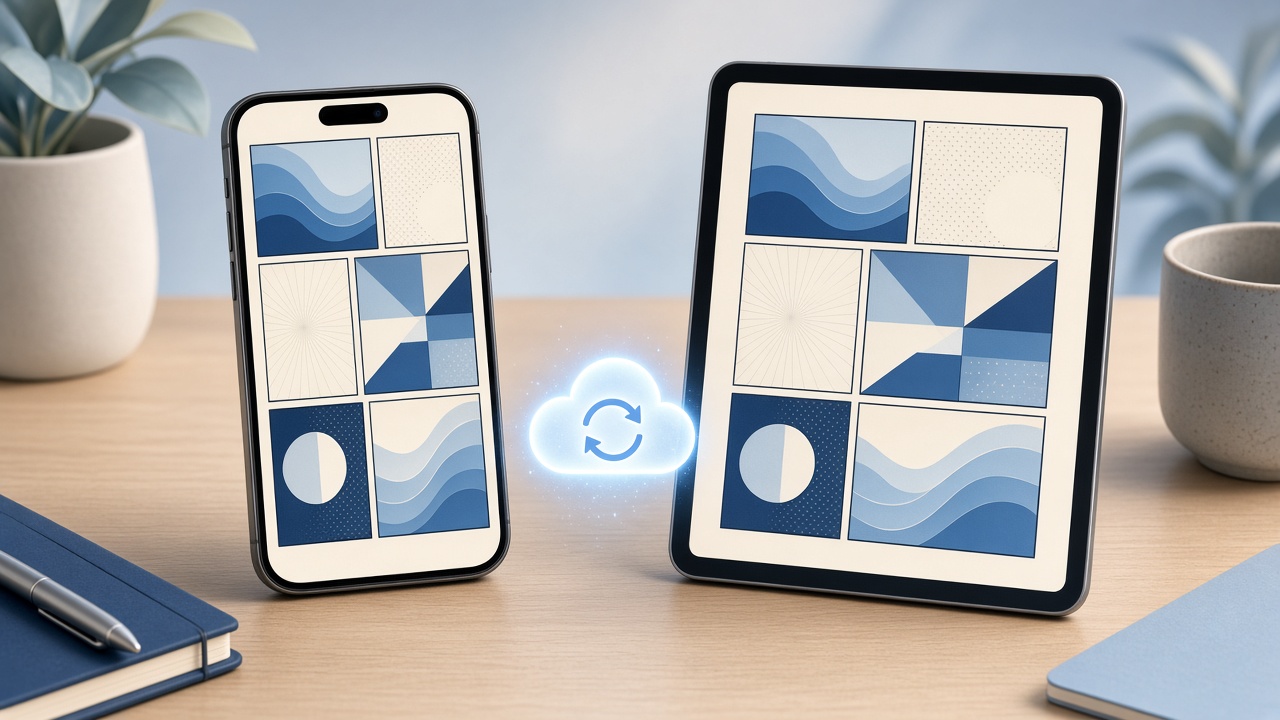 An iPhone and an iPad side by side showing the same comic page with a cloud sync icon between them