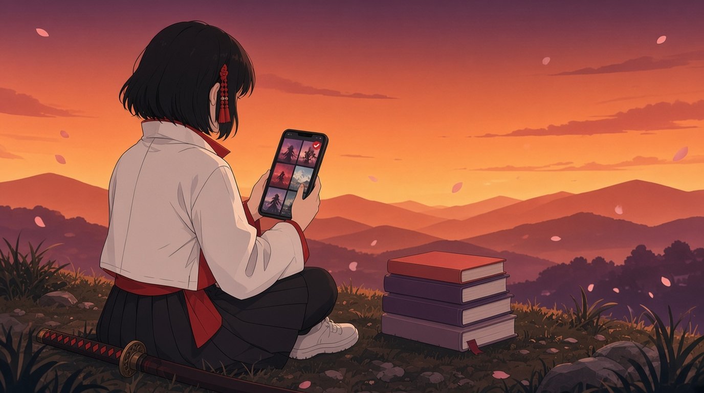 Flat vector illustration of Kaede, ComicFlow's manga girl, seen over her shoulder on a sunset hill, browsing a grid of manga covers on her iPhone next to a stack of manga volumes