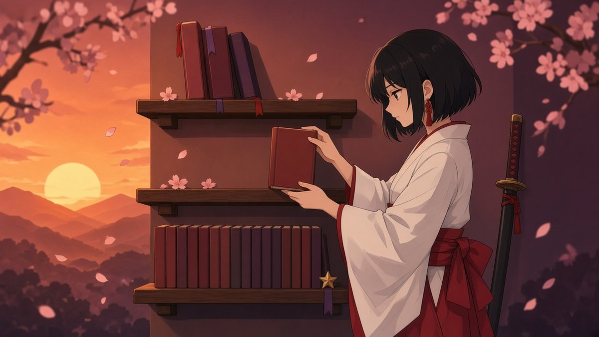 Flat vector illustration of Kaede sorting manga volumes onto three shelves at sunset: books she is still reading on top, the next volume in her hands, and a completed run with a gold star at the bottom