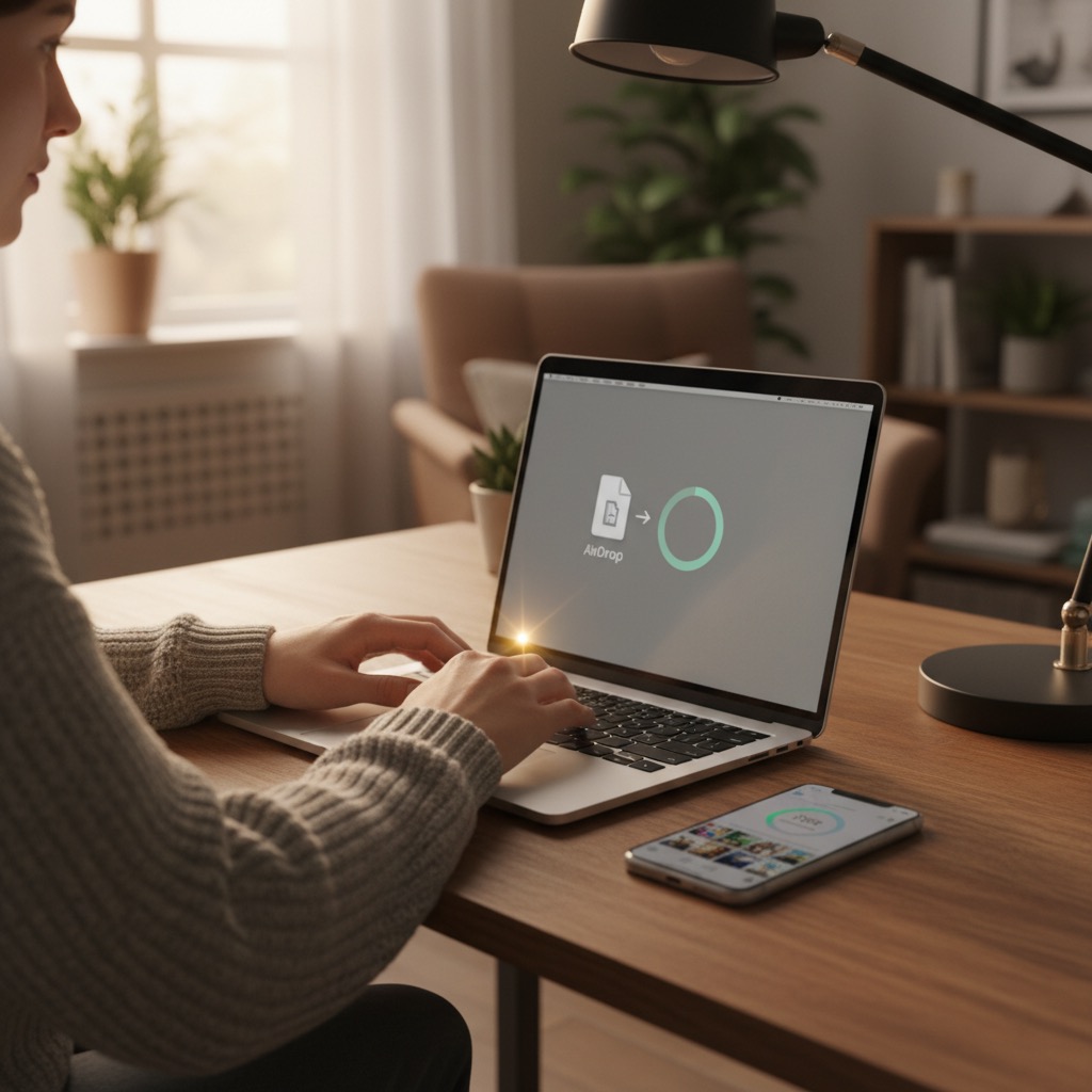 Person using AirDrop to send files from MacBook to iPhone at a desk