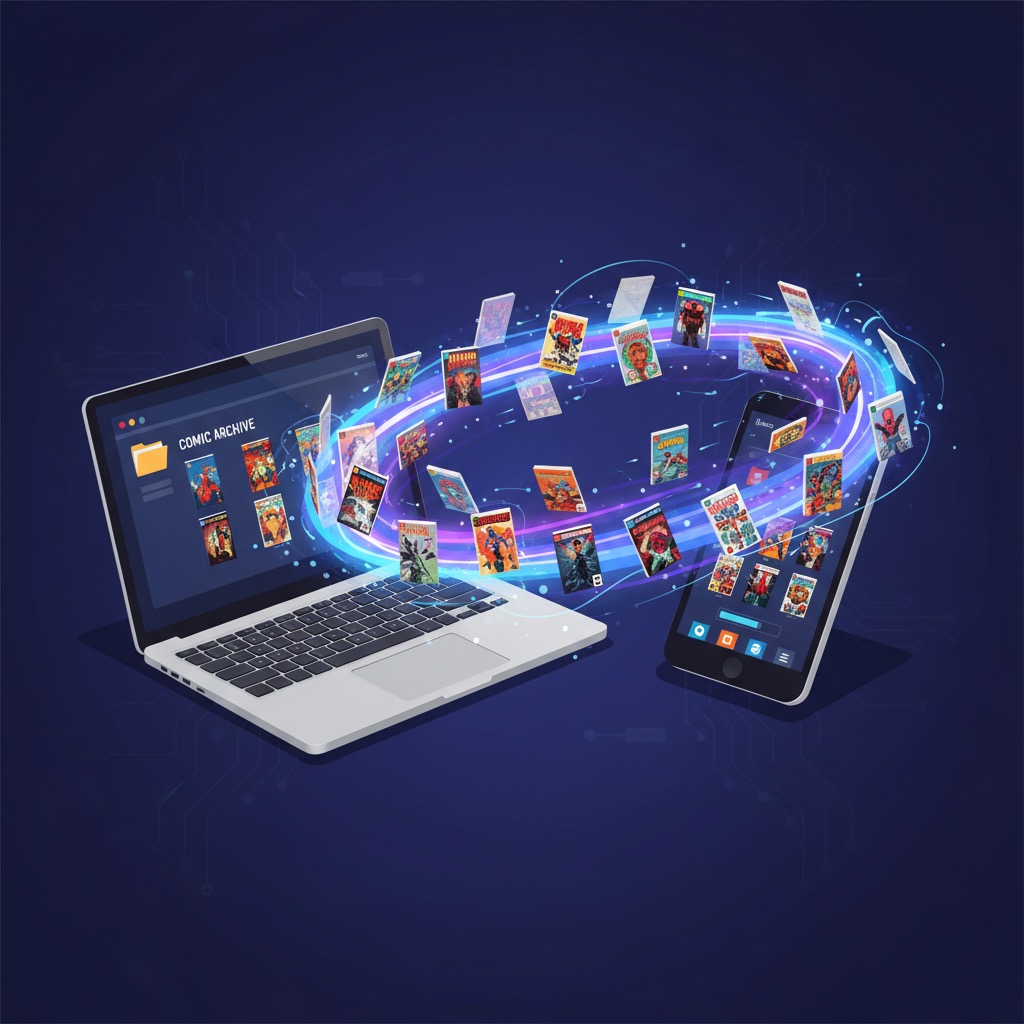 Comic book files being wirelessly transferred from laptop to iPhone