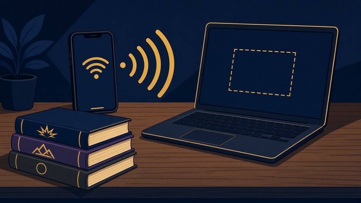 Abstract comic-style illustration of a phone sending wireless arcs toward a computer drop zone, with a small stack of comic volumes between them