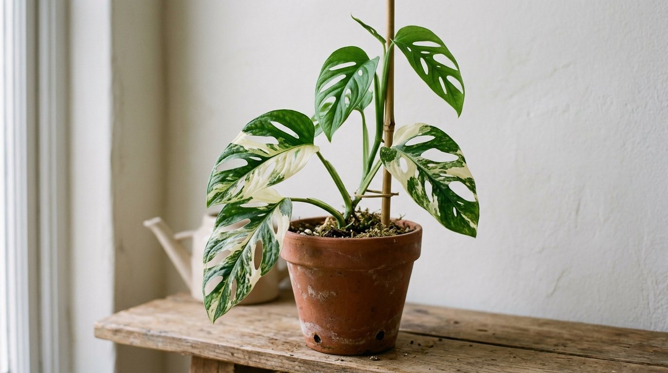 A variegated Swiss cheese vine in a terracotta pot: the older leaves carry bold cream marbling while the newest leaves at the top of the stem are plain solid green