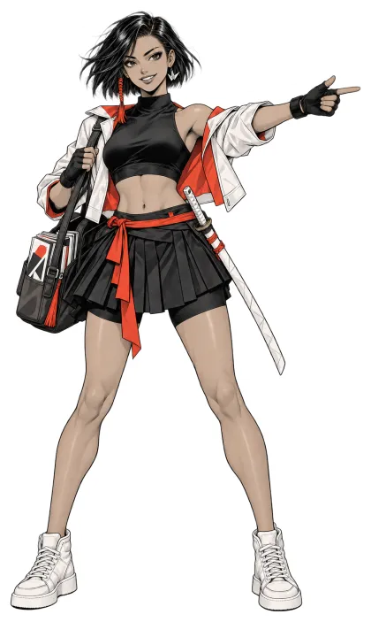 Kaede, ComicFlow's guide character, drawn in black manga ink with vermilion accents: a young woman with a short black bob, a paper katana at her hip and a satchel of comics, grinning and pointing to the right