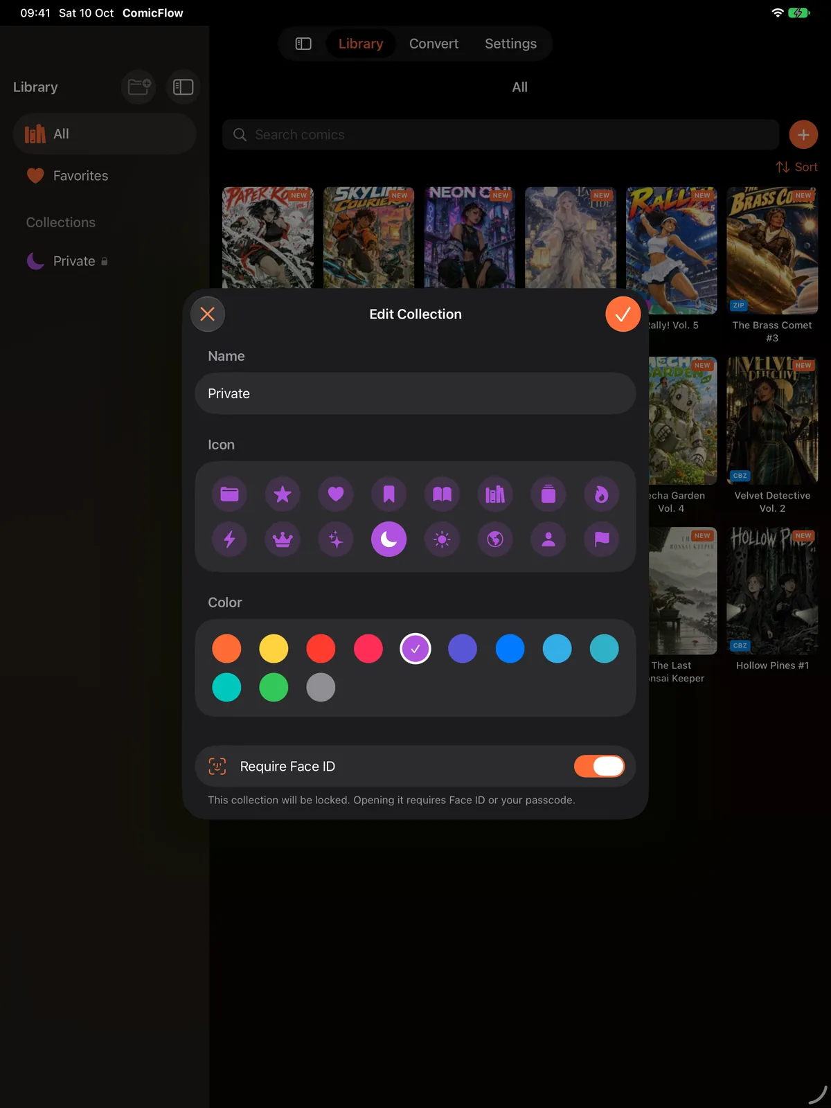 ComicFlow on iPad with the sidebar showing Library, Favorites and a locked Private collection, behind the Edit Collection sheet with Require Face ID switched on
