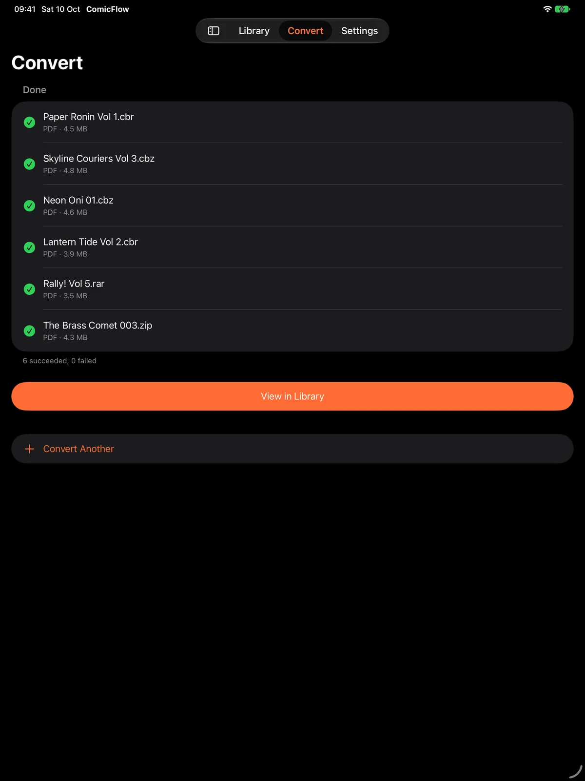 The ComicFlow Convert screen on iPad after a batch: six files each converted to PDF with a checkmark and size, 6 succeeded, 0 failed, and a View in Library button