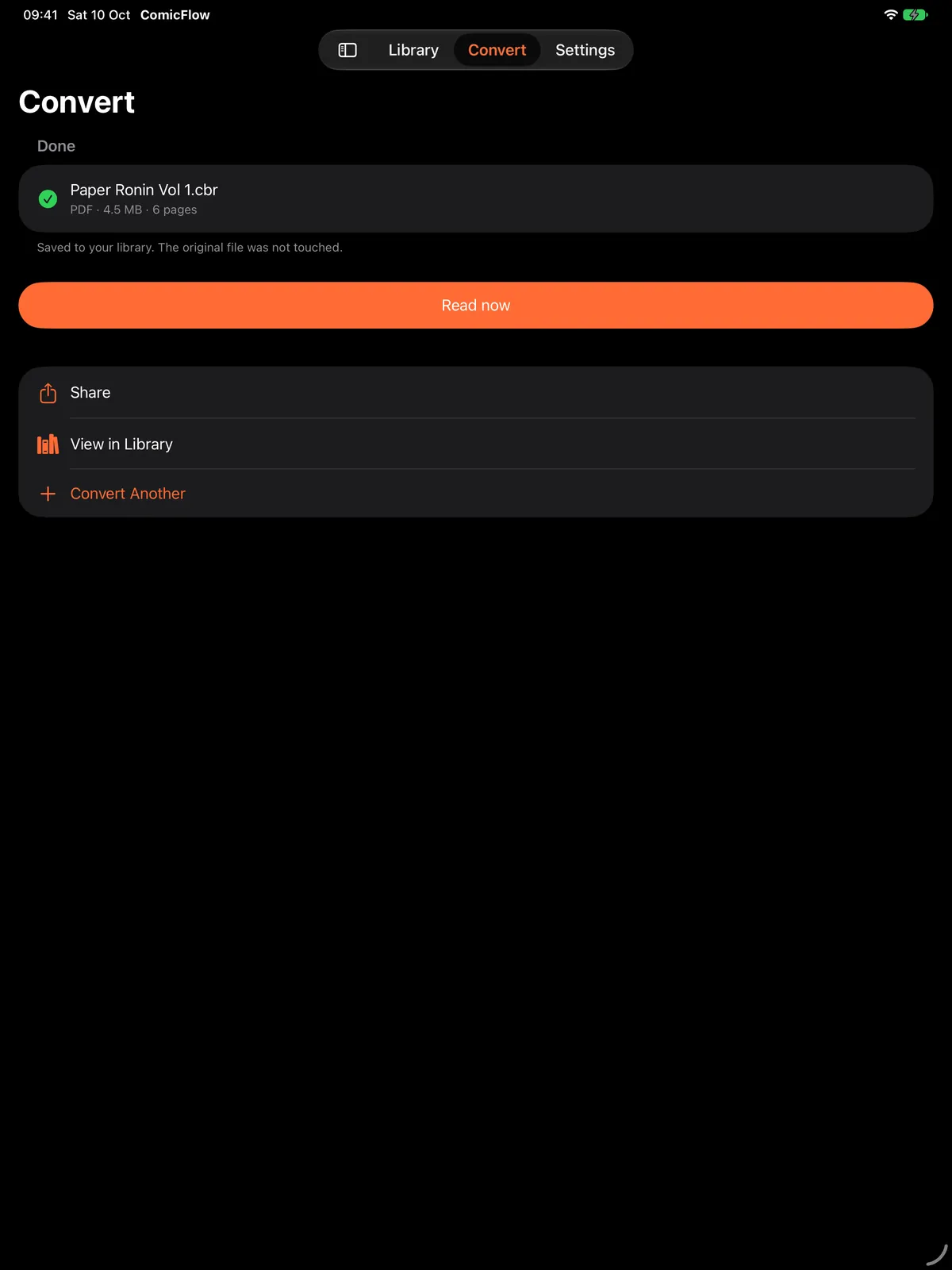 The ComicFlow Convert screen on iPad after converting one CBR to PDF, with Read now, Share, View in Library and Convert Another