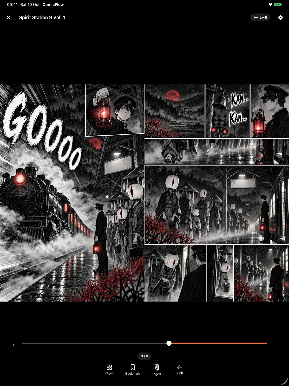 The ComicFlow reader on iPad in portrait showing a manga page with right-to-left reading direction switched on