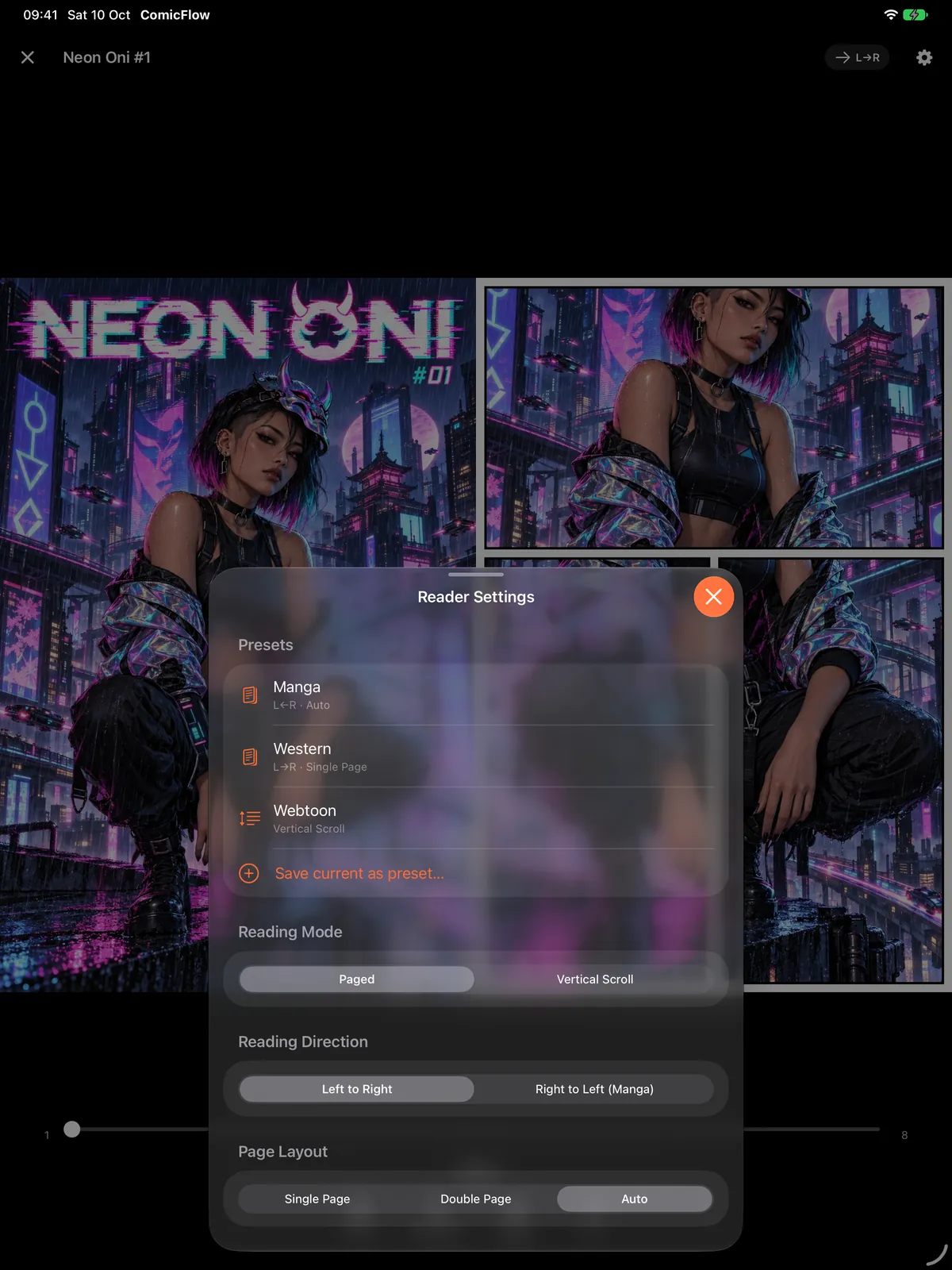 Reader Settings on iPad with Manga, Western and Webtoon presets, reading mode, reading direction and page layout options (presets are a Pro feature)