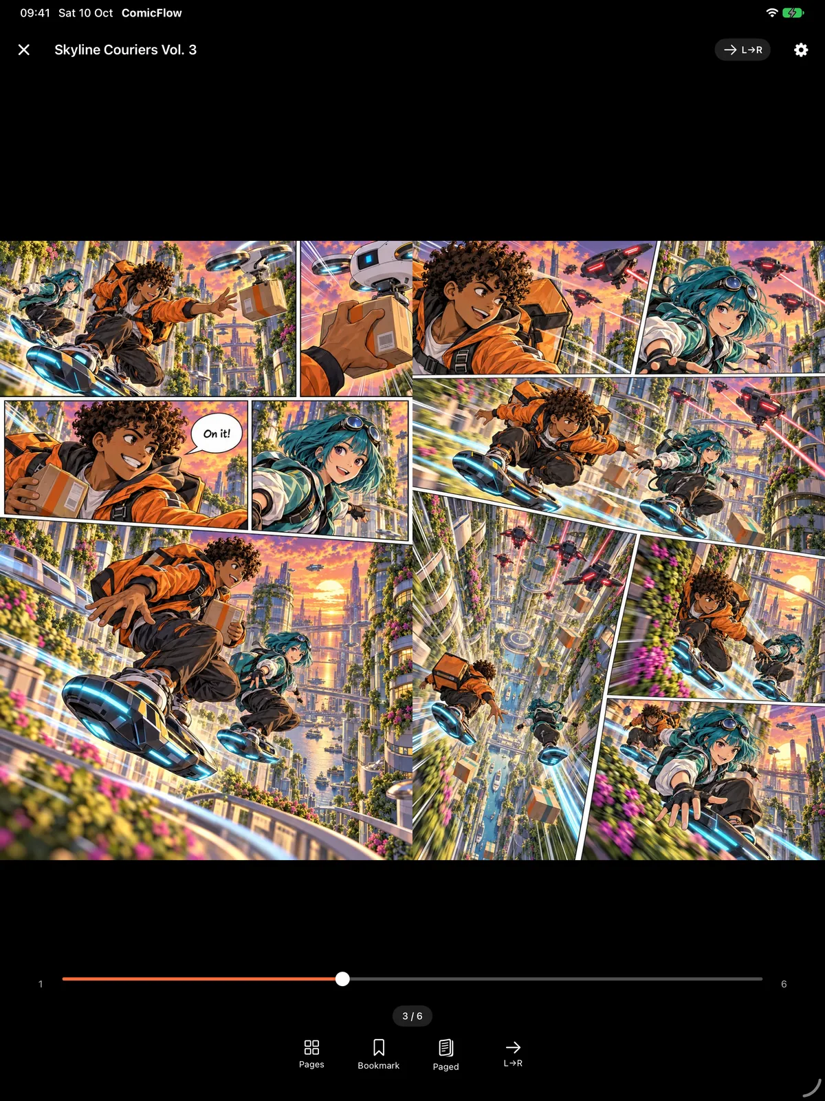 The ComicFlow reader on iPad in portrait showing a single full-width comic page with the page scrubber and reading controls