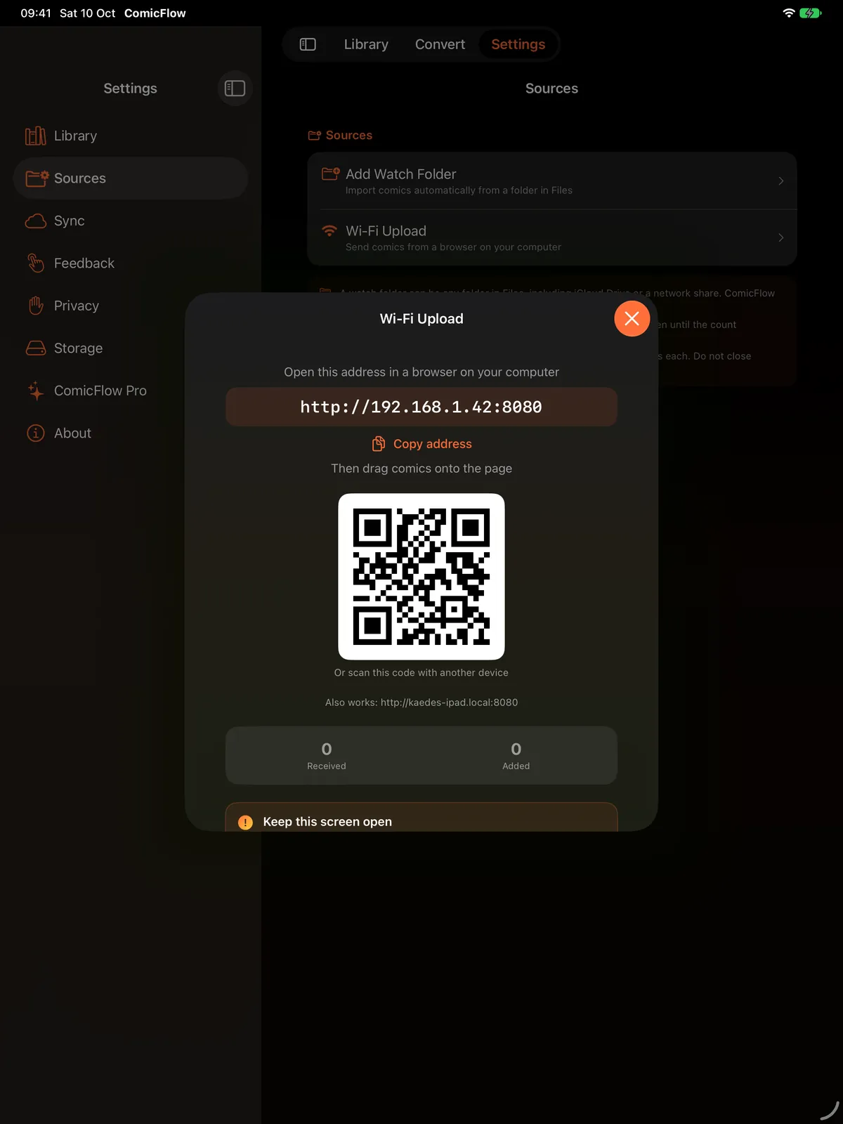 ComicFlow Wi-Fi Upload on iPad opened from Settings, with the address, Copy address, QR code and Received and Added counters, Settings sidebar behind the sheet