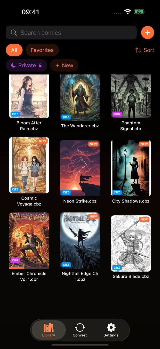 Eine Comic-Bibliothek in ComicFlow, jedes Cover als CBZ oder CBR markiert, sodass sofort sichtbar ist, welche Dateien neu gepackt werden müssen