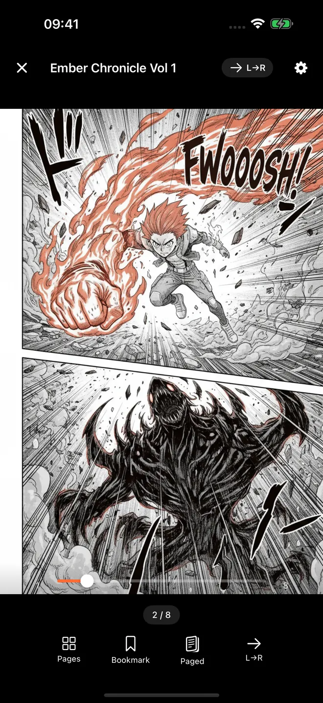 A comic open in the ComicFlow reader on page 2 of 8, with the page counter and the left-to-right reading direction shown