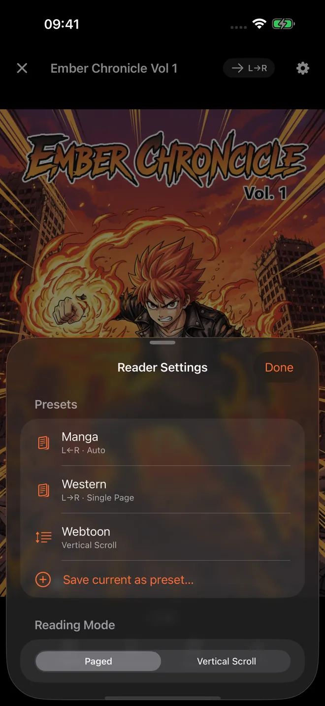 ComicFlow reader presets for manga, western and webtoon styles