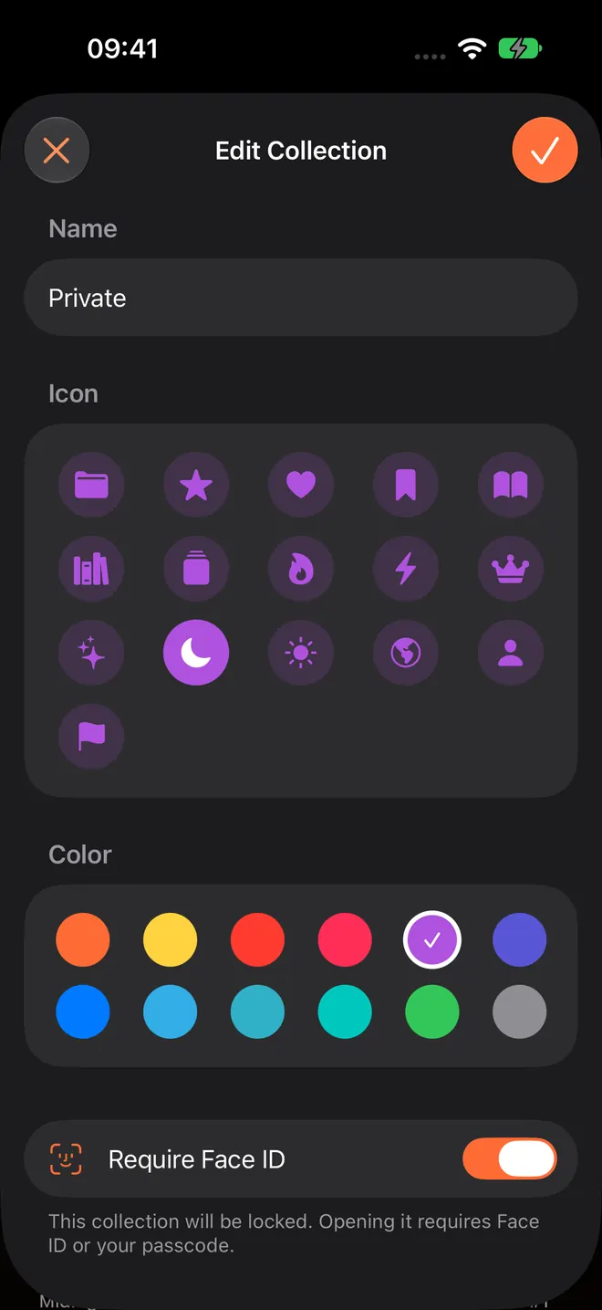 ComicFlow Edit Collection sheet on iPhone with a name, icon, colour and the Require Face ID switch turned on for a Private collection