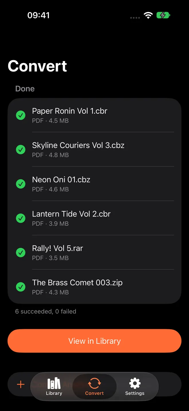 ComicFlow Convert screen on iPhone after a batch: six CBR, CBZ, RAR and ZIP files each converted to PDF with a checkmark and size, and 6 succeeded, 0 failed