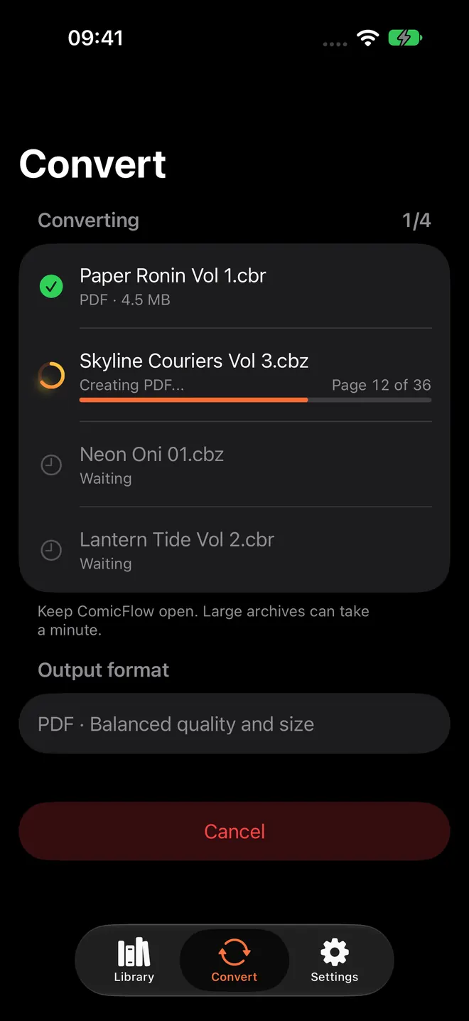 ComicFlow Convert screen on iPhone mid-batch: one file done, one showing Creating PDF page 12 of 36 with a progress bar, two waiting, and a Cancel button