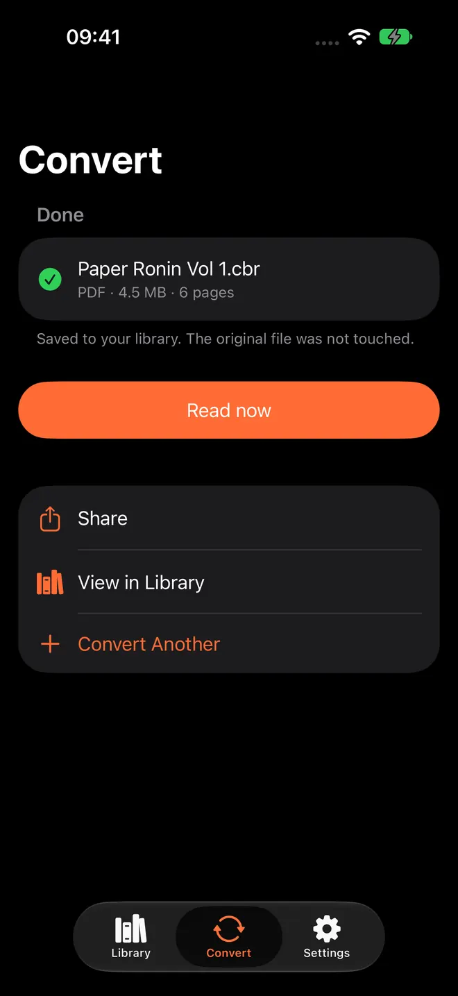 ComicFlow Convert screen on iPhone after converting one CBR to PDF, with Read now, Share, View in Library and Convert Another