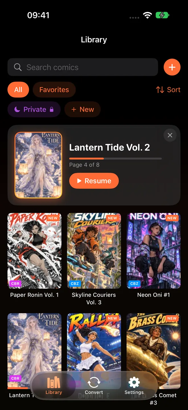 ComicFlow library on iPhone with a Continue Reading card above a grid of comic covers, All and Favorites filters, and format badges on each cover