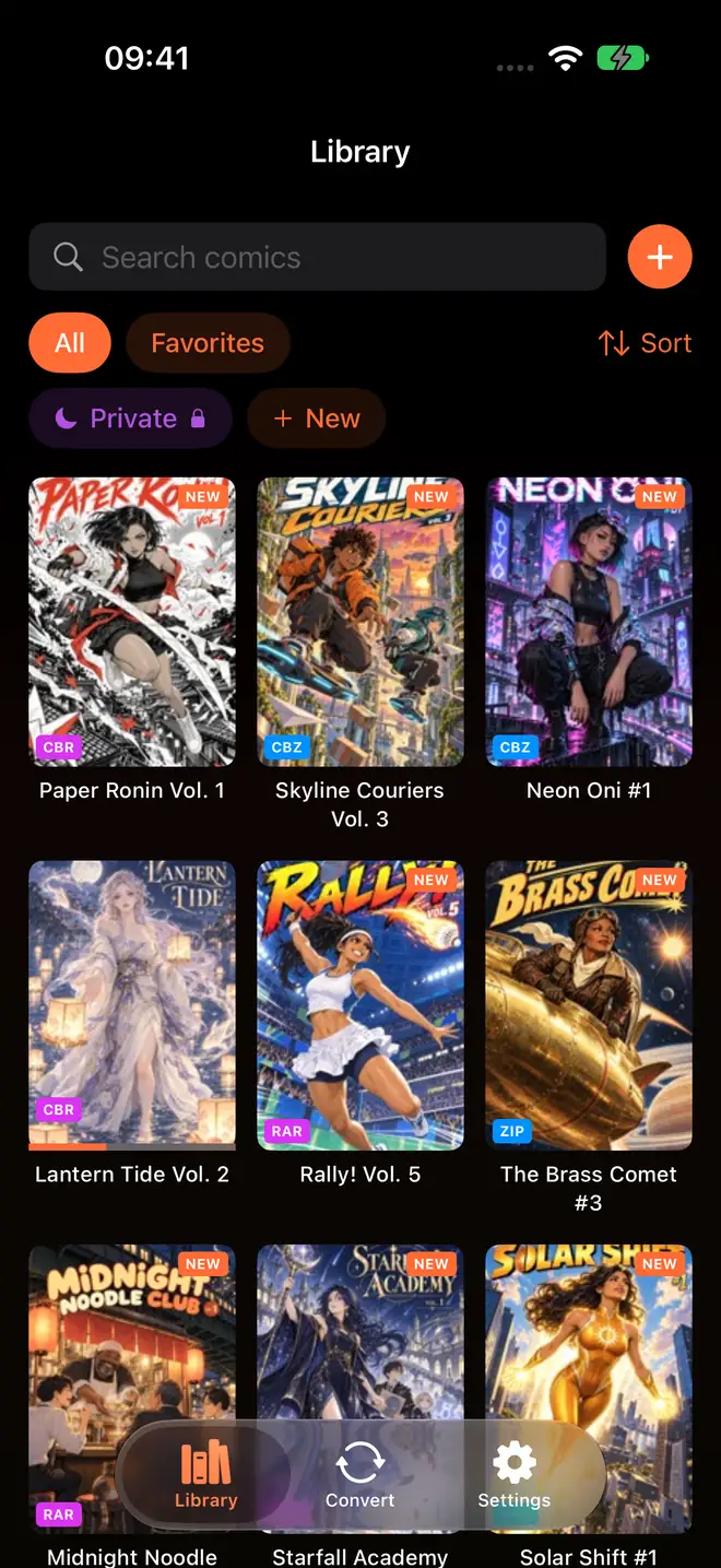 ComicFlowのライブラリ画面。漫画の表紙が並び、それぞれにCBR、CBZ、RAR、ZIPの形式が表示されている