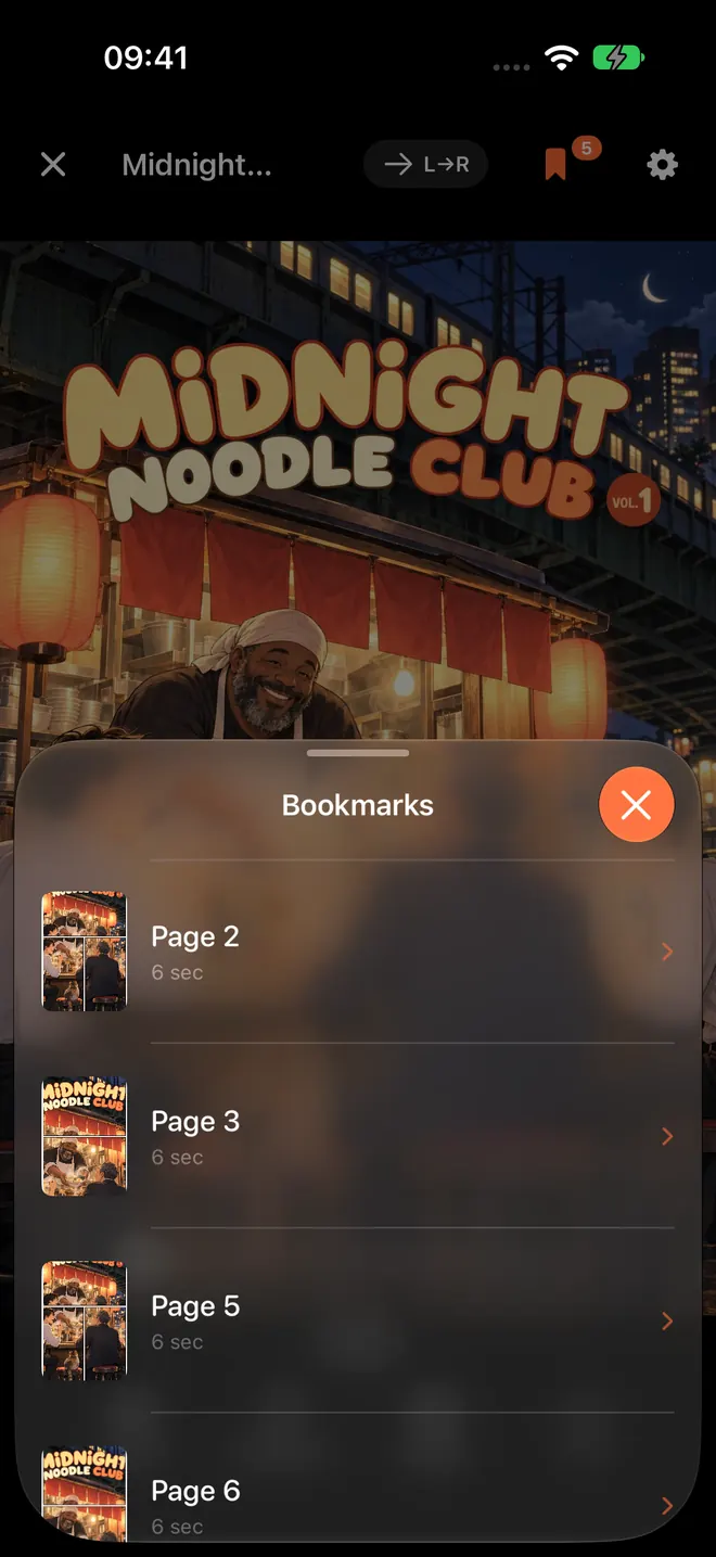 ComicFlow Bookmarks sheet on iPhone listing bookmarked pages with thumbnails over the reader