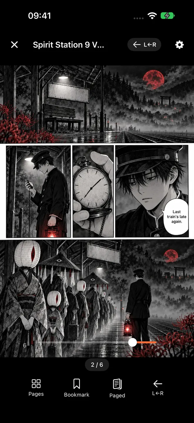 ComicFlowのリーダーで白黒の漫画ページを表示した画面。読む方向が右から左になっていて、下にページのスクラバーと操作ボタンがある