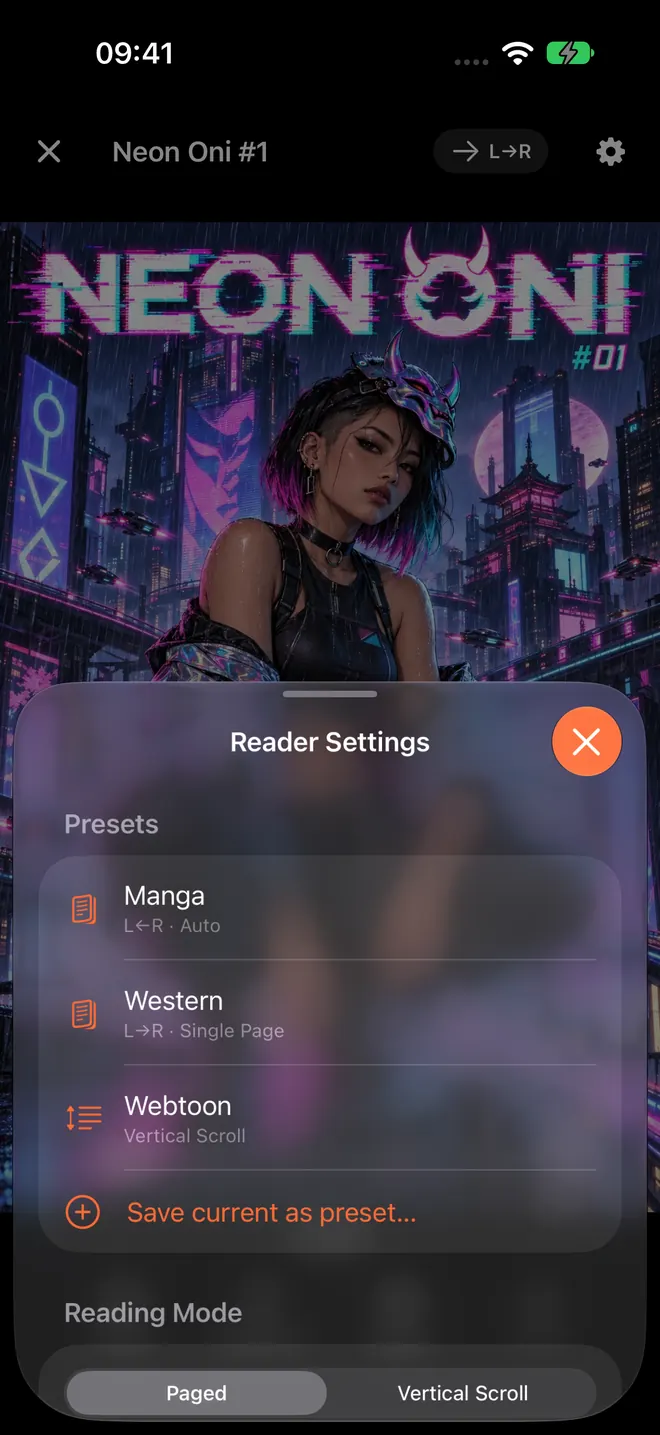 ComicFlow Reader Settings sheet on iPhone over a comic page, with Manga, Western and Webtoon presets, a Save current as preset option, and a Paged or Vertical Scroll reading mode switch