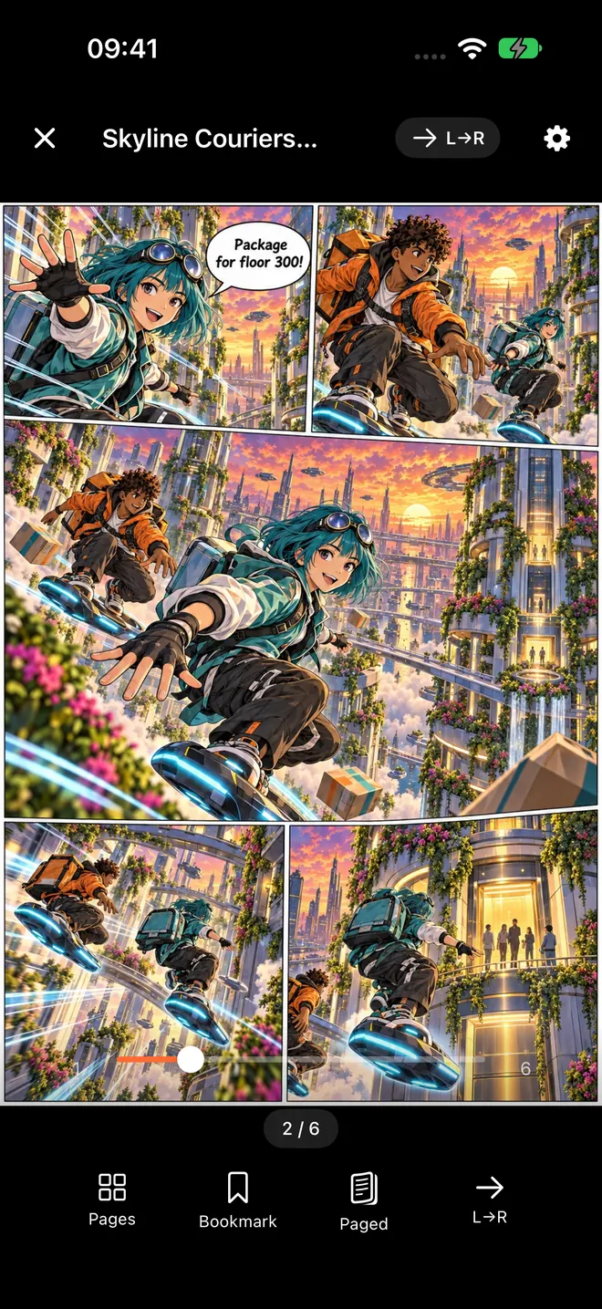 ComicFlow reader on iPhone showing a comic page with the page scrubber and Pages, Bookmark, Paged and left-to-right controls