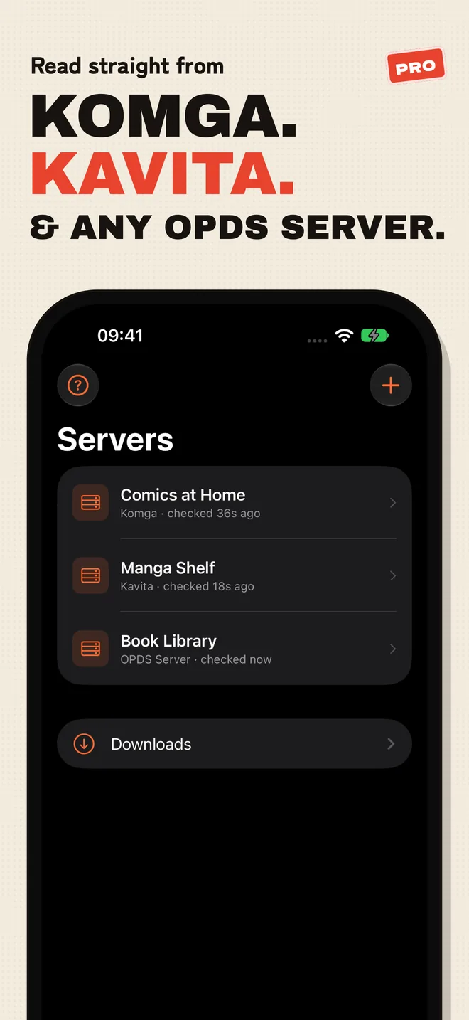 ComicFlow's App Store frame headed Read straight from Komga. Kavita. And any OPDS server, marked Pro, showing the Servers tab on iPhone with Comics at Home (Komga), Manga Shelf (Kavita) and Book Library (OPDS Server), and a Downloads row