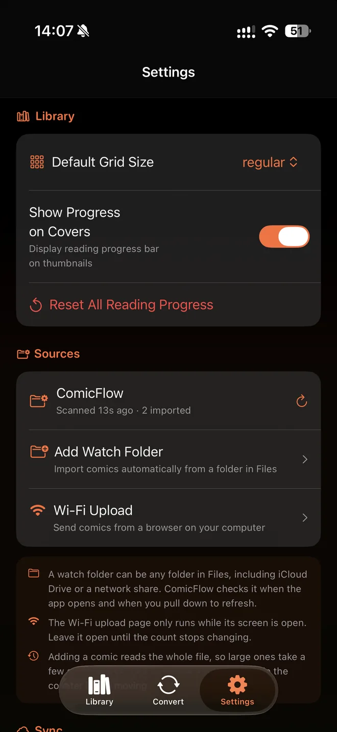 ComicFlow Settings on iPhone with the Sources section showing a watched folder named ComicFlow, scanned 13 seconds ago with 2 imported and a refresh arrow, an Add Watch Folder row, a Wi-Fi Upload row, and hints that a watch folder can be any folder in Files including iCloud Drive or a network share